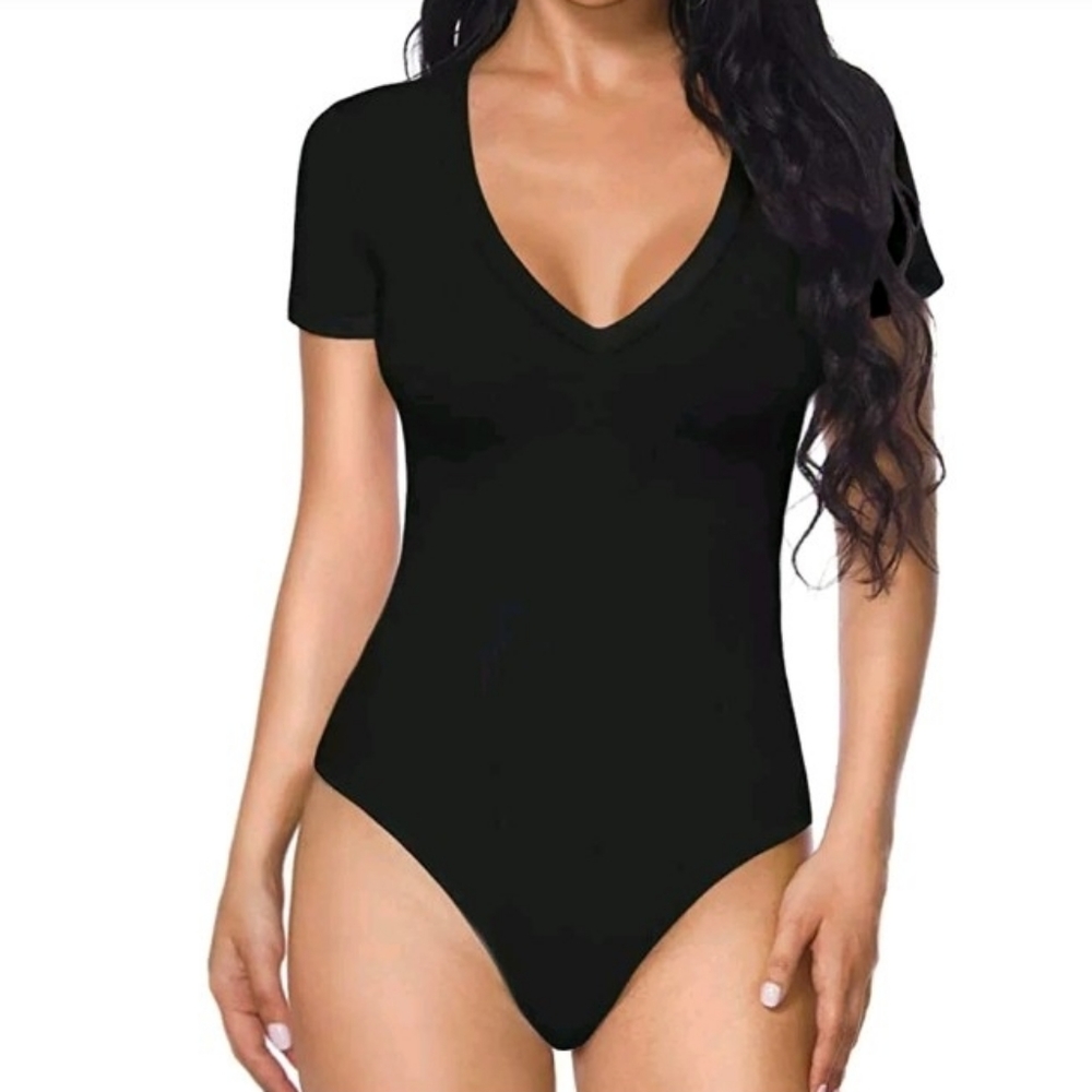 Mangopop V Neck Short Sleeve Bodysuit Black